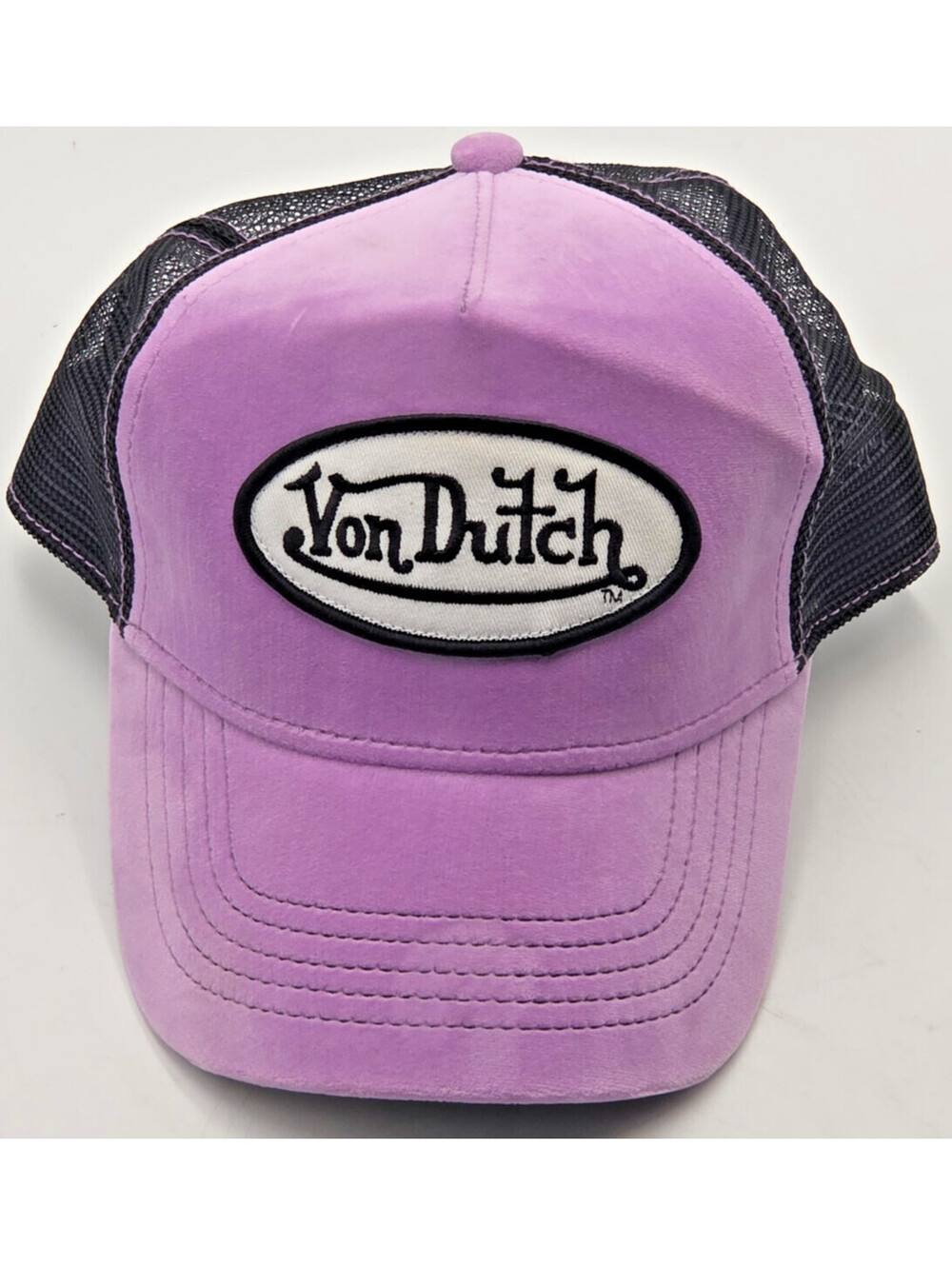 Von Dutch Plum Dust Velvet Trucker Hat Purple Black Mesh Snapback Y2K Patch